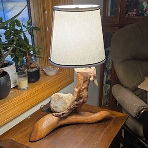 Coastal Driftwood Grown Around Rock Accent Lamp with Beige Linen Shade